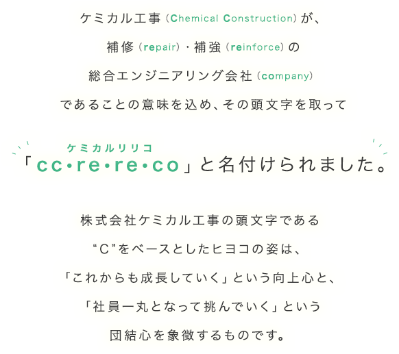 補修(repair)・補強(reinforce)の総合エンジニアリング会社(company)であることの意味を込め、その頭文字を取って「re･re･co」と名付けられました。株式会社ケミカル工事（chemicalconstruction）の頭文字である“C”をベースとしたヒヨコの姿は、「これからも成長していく」という向上心と、「社員一丸となって挑んでいく」という団結心を象徴するものです。